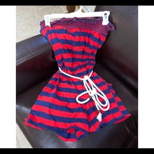 Red and blue striped romper with pockets